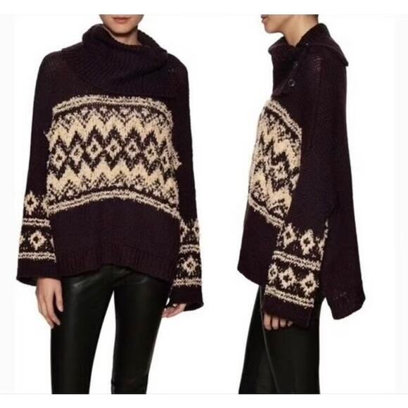 Free People Brown Fair Isle Split Turtleneck Wool Knit Winter Sweater M - Picture 1 of 8
